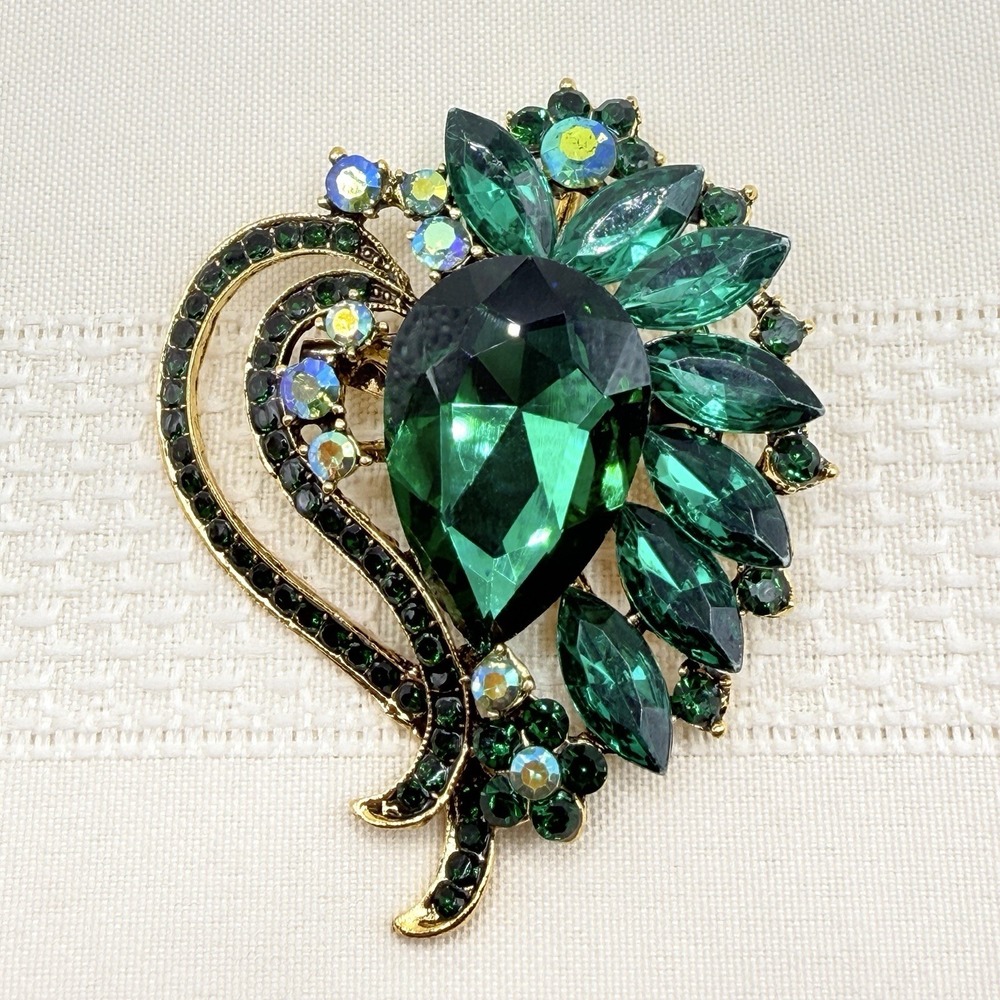 Green Floral Brooch Lapel Pin Rhinestone Crystal‎ Glass Heart Teardrop Spray